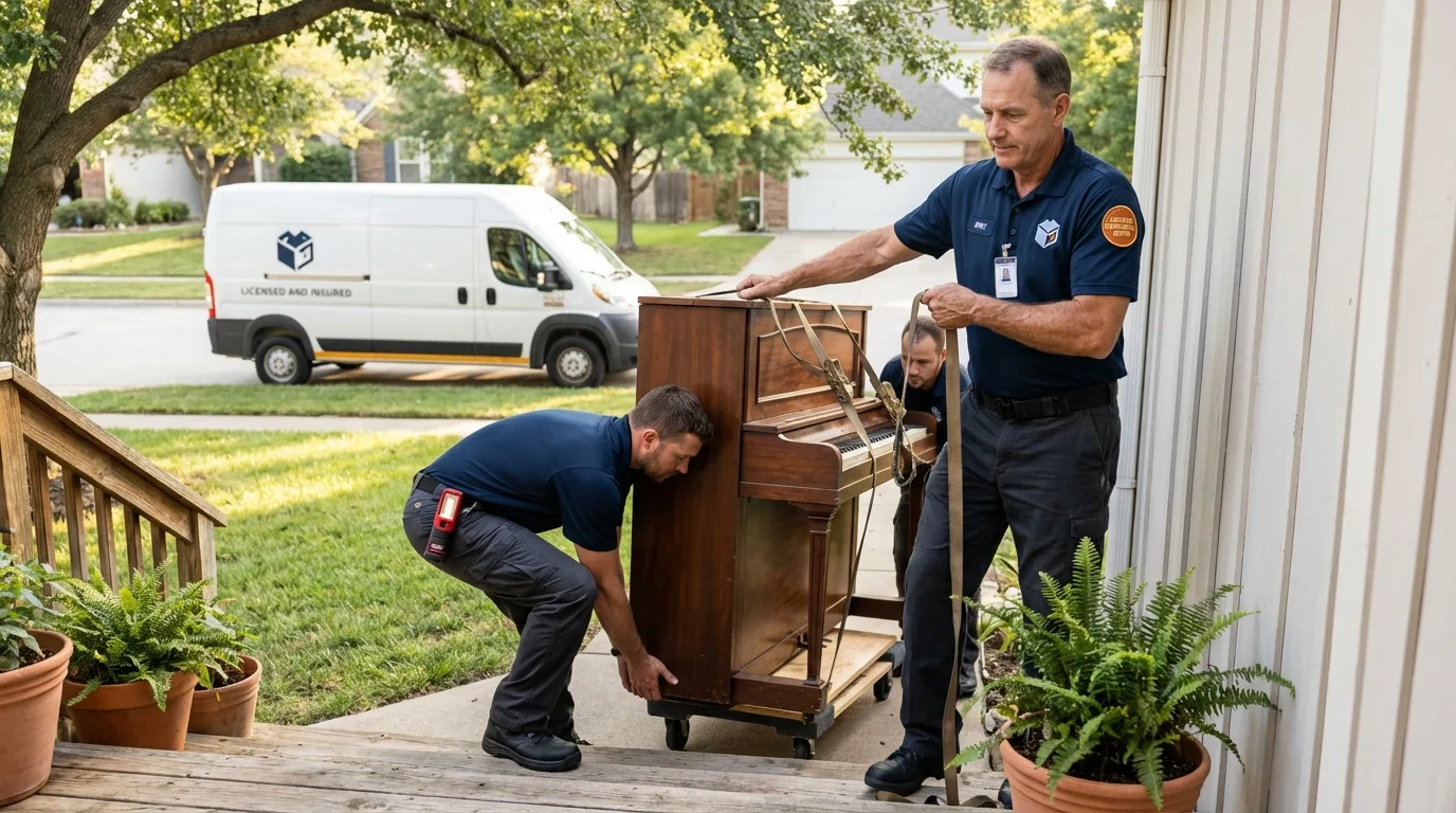 Licensed piano movers securing grand piano in New Lexington, OH