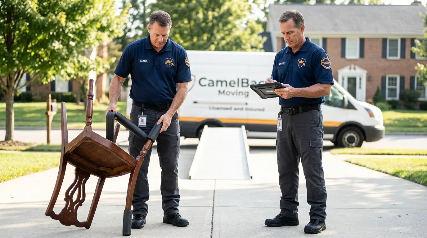 Movers inspecting furniture for damage prevention before loading in New Lexington, OH