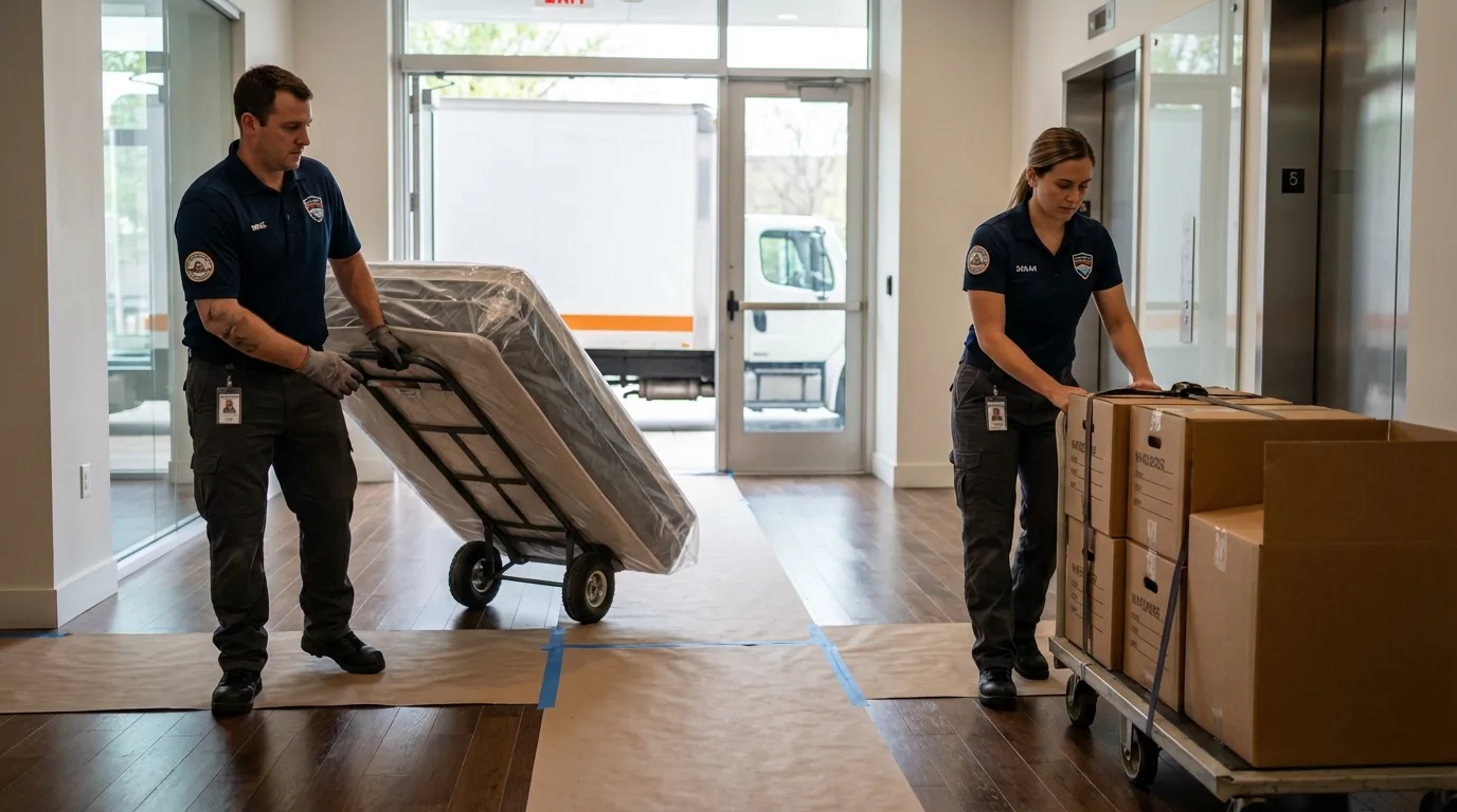 Professional apartment movers loading elevator in New Lexington, OH