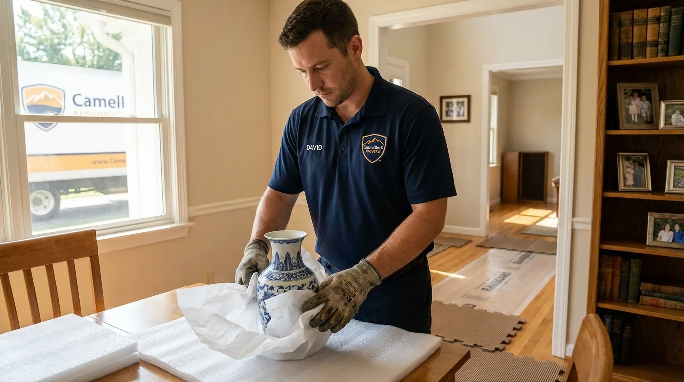 Professional crew carefully wrapping antique vase for senior downsizing move in New Lexington, OH