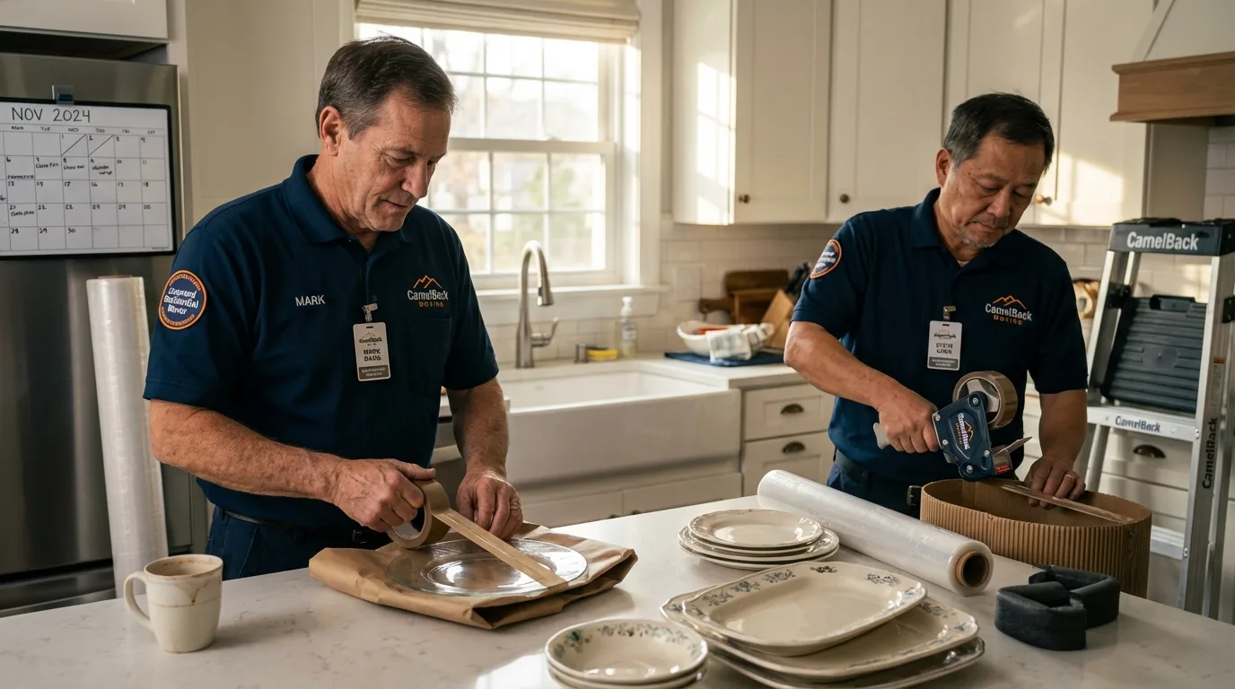 Professional crew packing kitchen dishware in New Lexington, OH